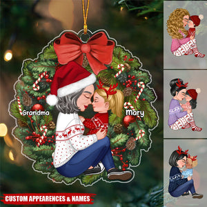 Grandma Mom Hugging Kid Sitting On Christmas Wreath Personalized Acrylic Ornament