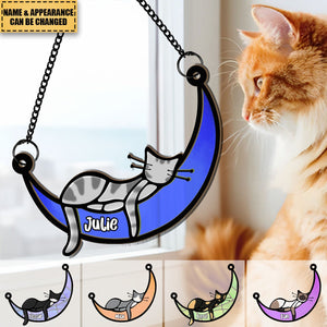 Sleeping Cat On Moon - Personalized Window Hanging Suncatcher Ornament