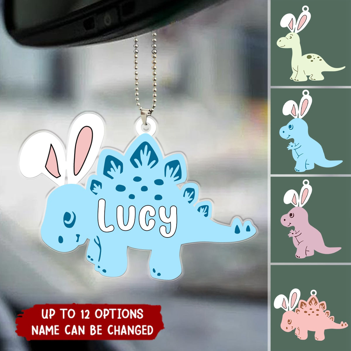 Dinosaurs Kid Name With Bunny Ears Cute Personalized Car Ornament