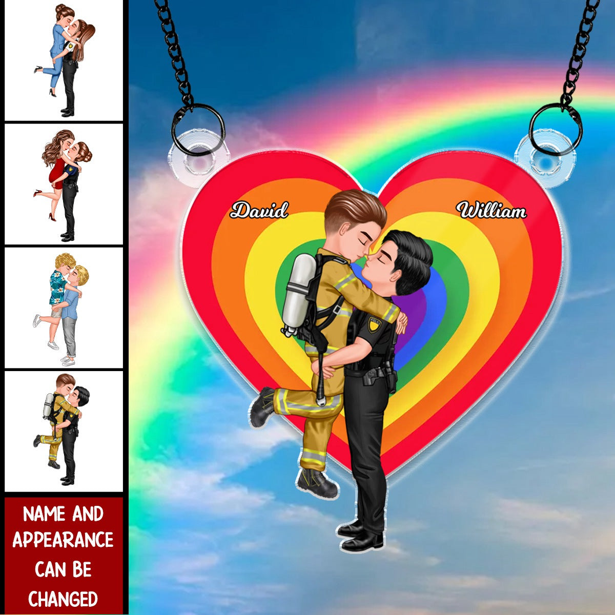 LGBT Couple Portrait, Gifts by Occupation - Personalized Window Hanging Suncatcher Ornament, Pride Month Gift For Couple, For Him, For Her