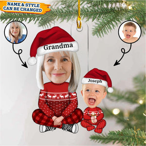 Cute Grandma Granddaughter Grandson Crossed Leg Custom Face Photo Personalized Ornament