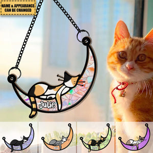 Sleeping Cat On Moon - Personalized Window Hanging Suncatcher Ornament