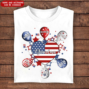 American Flag Heart Grandma Auntie Mom Balloon Kids, Happy Independence 4th of July Personalized Shirt
