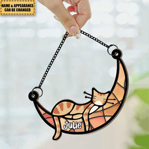 Sleeping Cat On Moon - Personalized Window Hanging Suncatcher Ornament