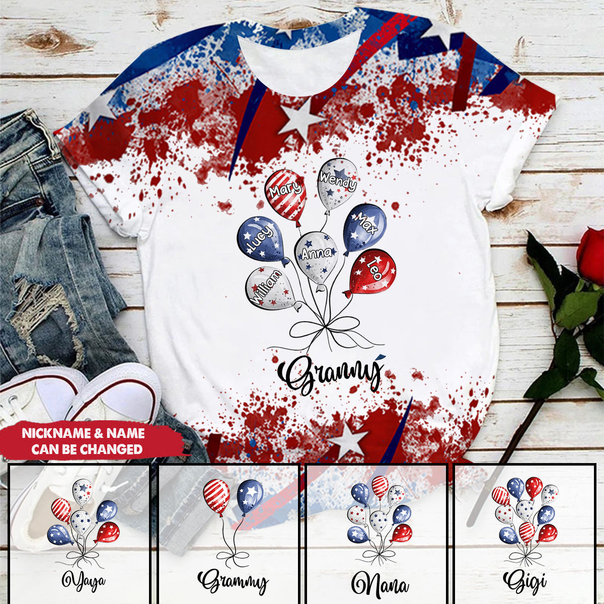4th July Grandma Auntie Mom Little Balloon Kids American Flag Pattern Personalized 3D T-Shirt