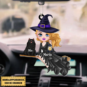 Witch Riding Broom Mystical Girl With Cute Cat Kitten Pet Personalized Car Ornament