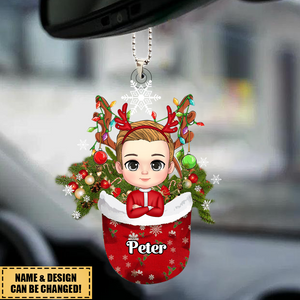 Kid In Snow Pocket Christmas Car Ornament Personalized