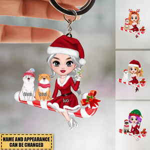 Christmas Santa Girl Sitting With Cute Cat Kitten Pet On Candy Cane Personalized Acrylic Keychain