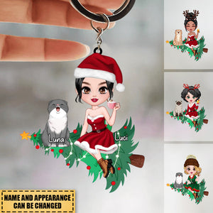 Santa Girl Sitting With Cute Cat Kitten Pet On Christmas Tree Personalized Keychain