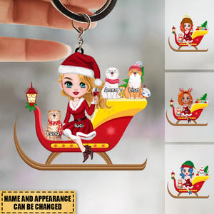 Christmas Santa Sleigh Girl Sitting With Cute Cat Kitten Pet Personalized Acrylic Keychain